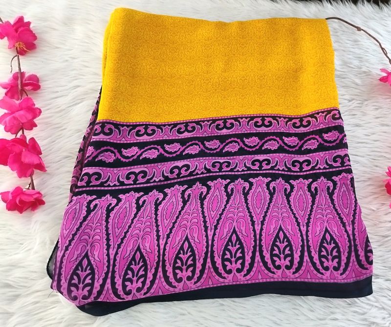 Yellow And Pink Printed Chiffon Fancy Saree