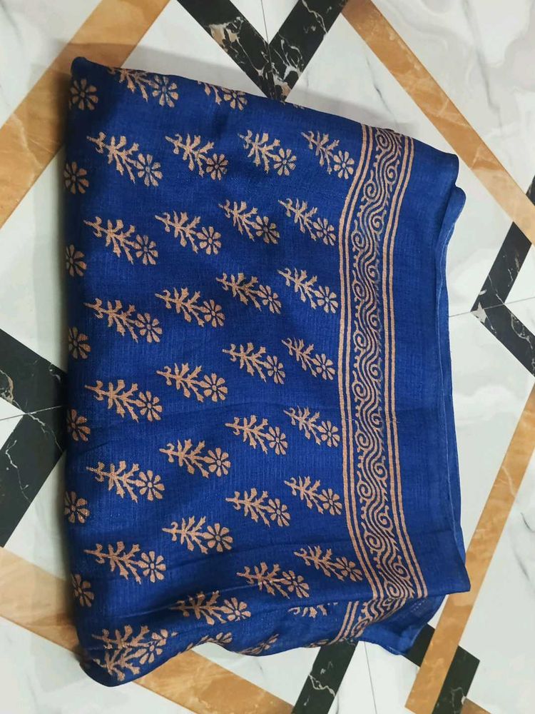 Beautiful Blue Saree with Golden Print
