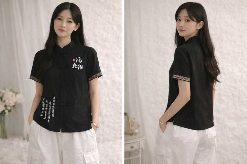 Black Embroidered Short Sleeve Top