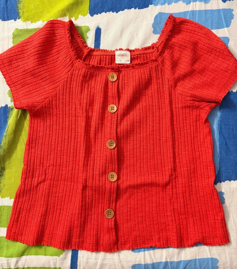 Orange Button-Up Ribbed Top (off shoulder)