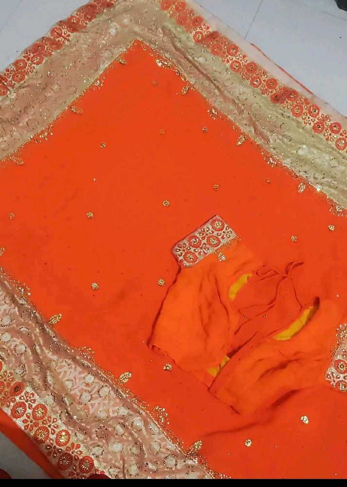 Beautiful Orange Embellished Saree with Blouse