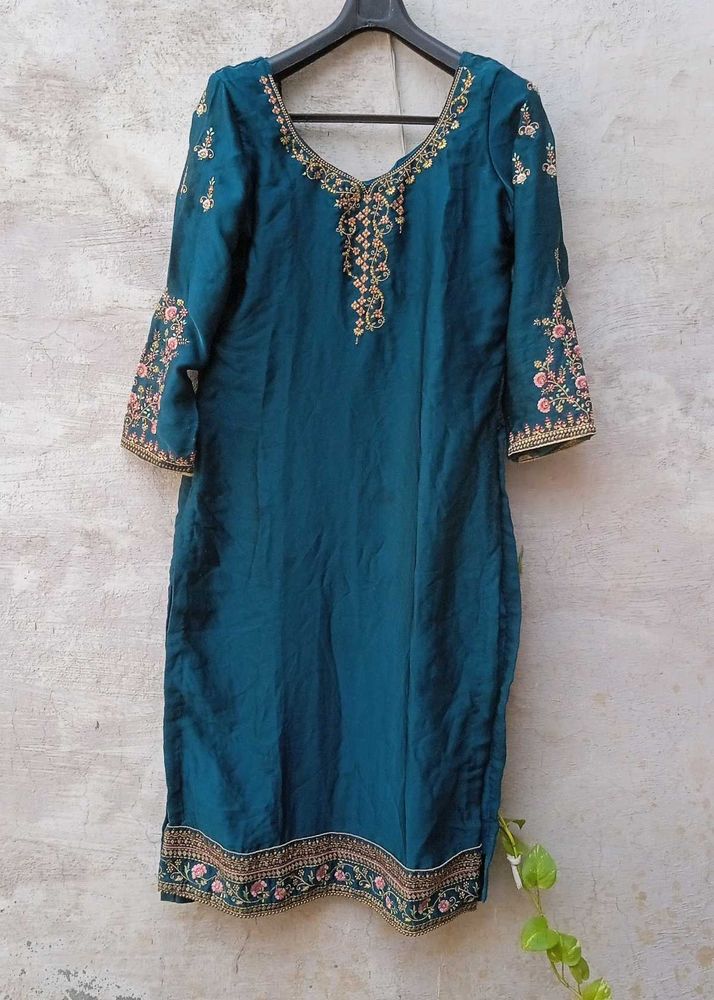 Royal Teal Green Kurta Pant Set | Gold Embroidery