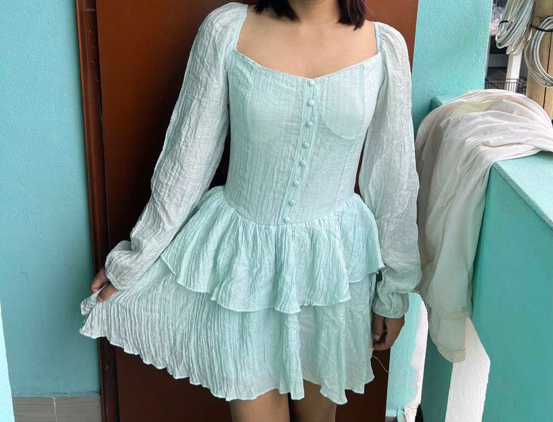 Mint Green Tiered Puff Sleeve Dress
