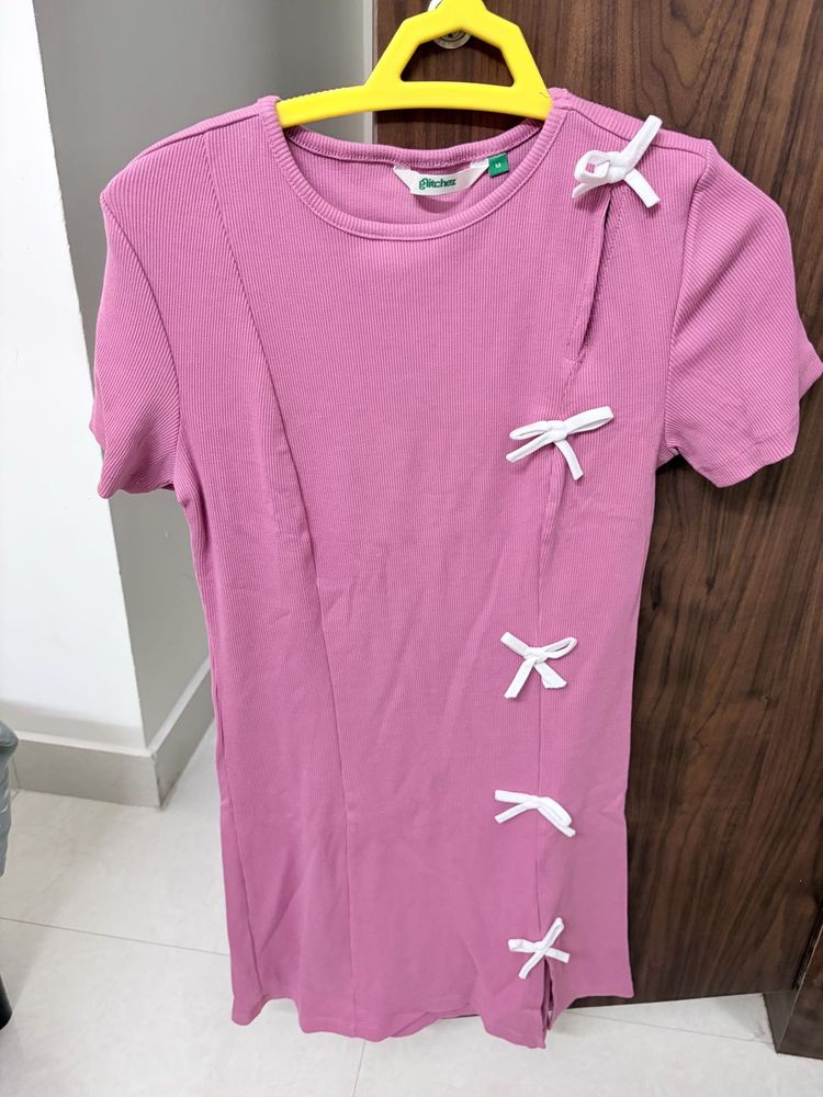 Pink Ribbed Dress with Bow Details