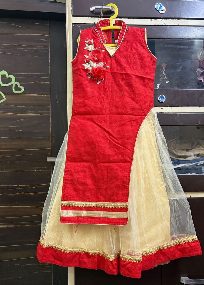 Cute Red &amp; Cream Girls' kurti cut lehenga