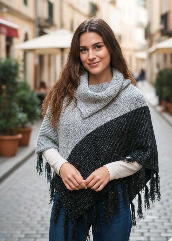 Chic Fringed Knit Poncho Sweater