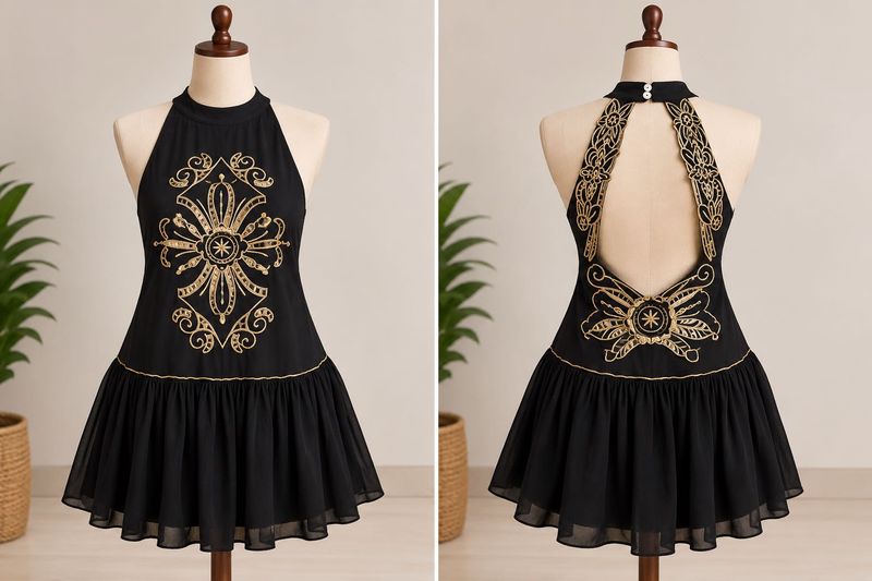 Embroidered Black Halter Dress
