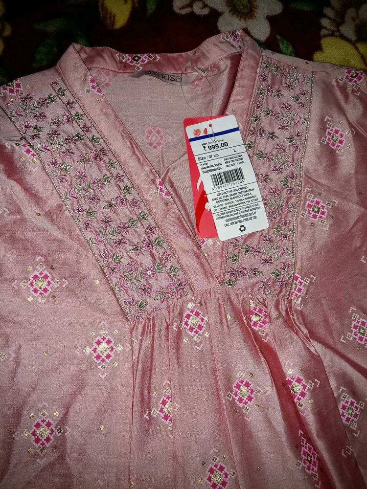 Embroidered Pink Silk Kurta with Tags