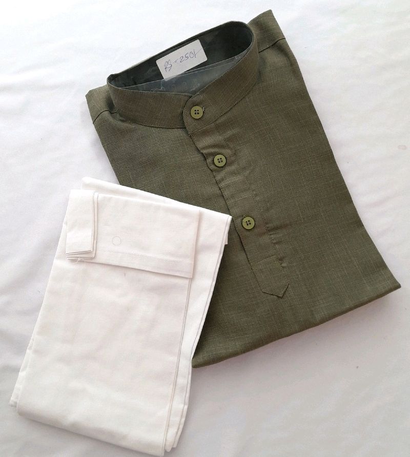 Olive Green Kurta &amp; White Payjama Set ( Boys )