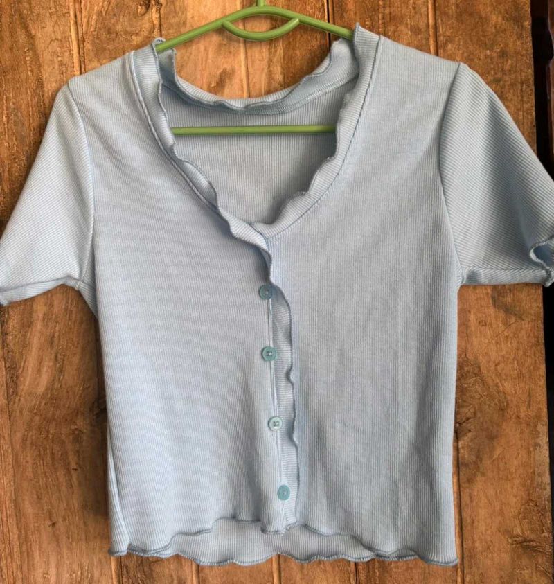 Cute Baby Blue Button-Up Crop Top