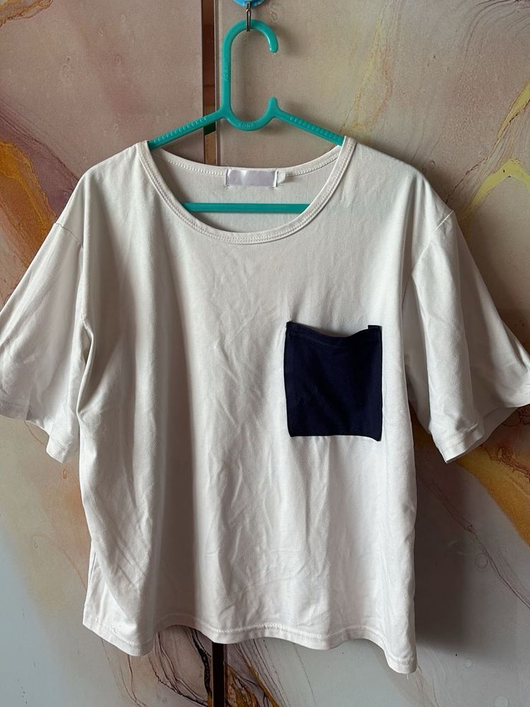 Cream T-Shirt with Navy Pocket