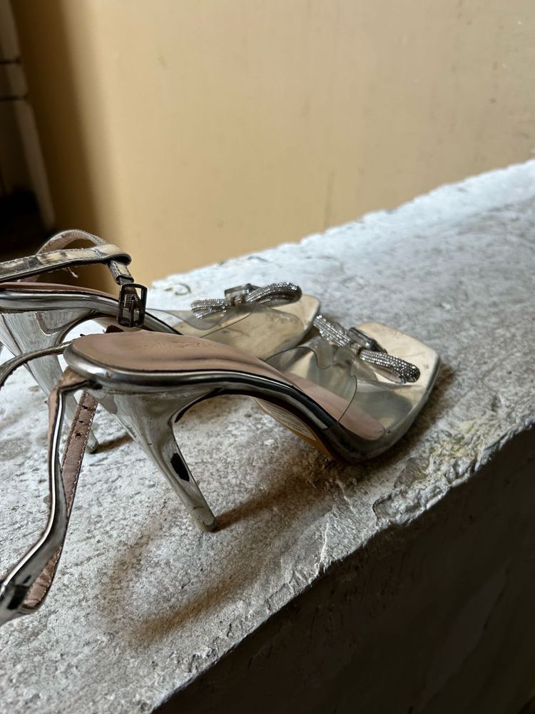Silver Heels with Bow Detail