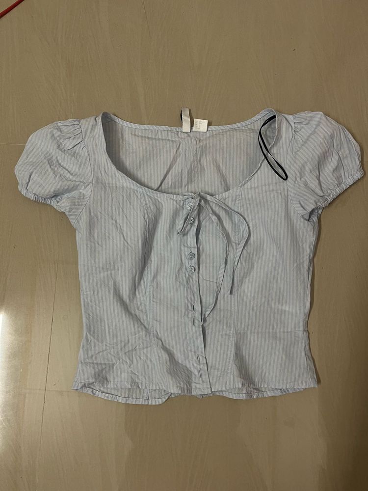 H&amp;M Light Blue Striped Tie-Front Top