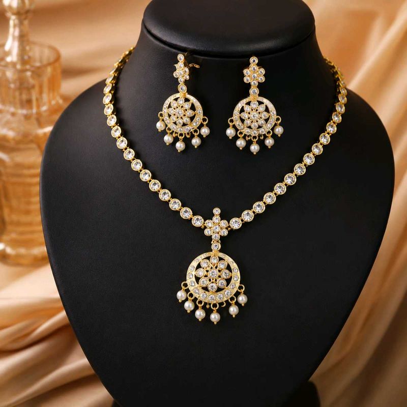 Gold Plated CZ Stone Necklace Set with Earrings &amp;
