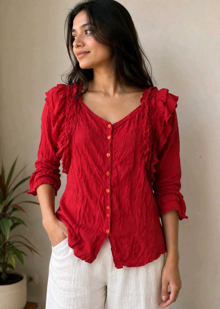 Red Ruffled Cotton Blouse