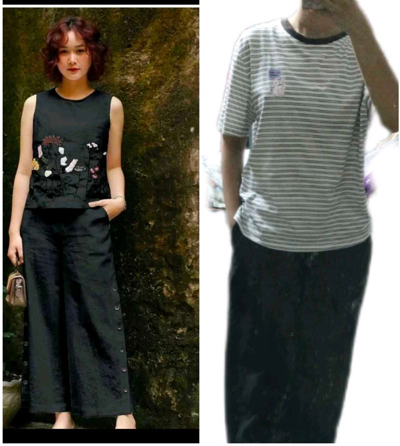Black Embroidered Sleeveless Top and Pants Set