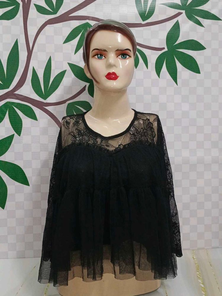 (700)Black Lace Tulle Top