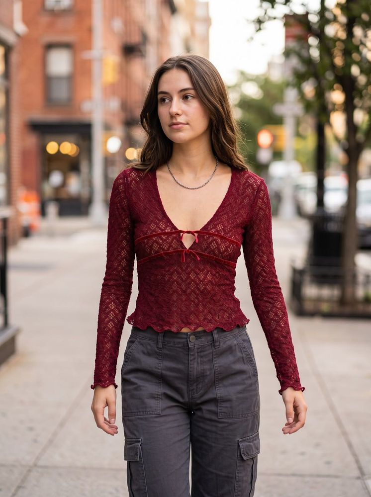 Burgundy Lace V-Neck Top