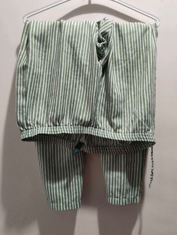 Green &amp; White Striped Linen Pants