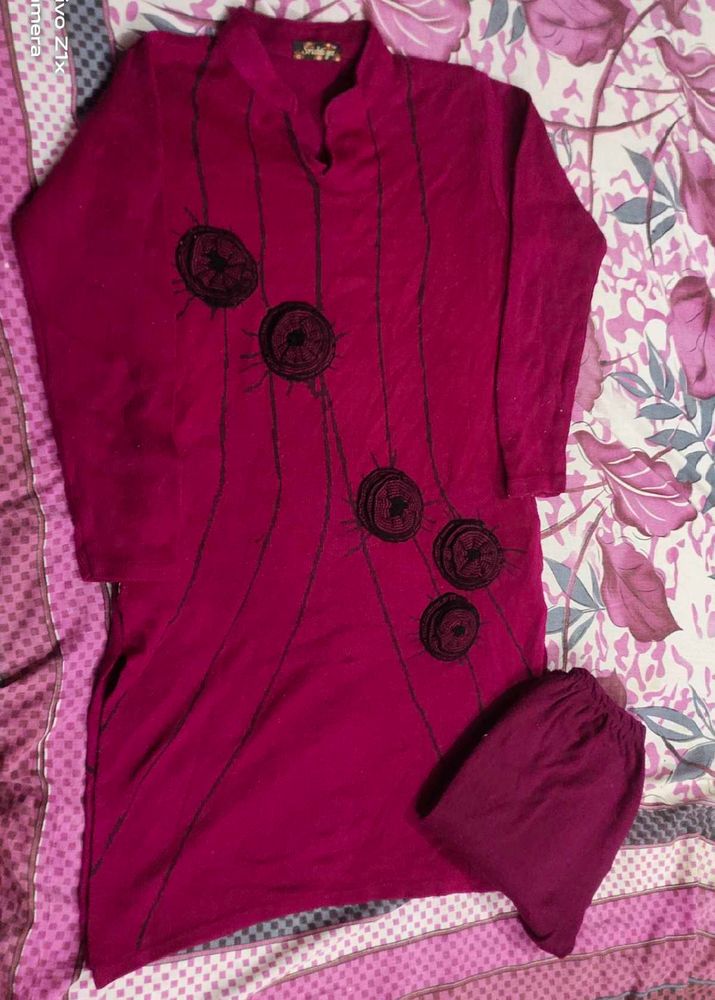 Wool Maroon Kurti with Pants Set