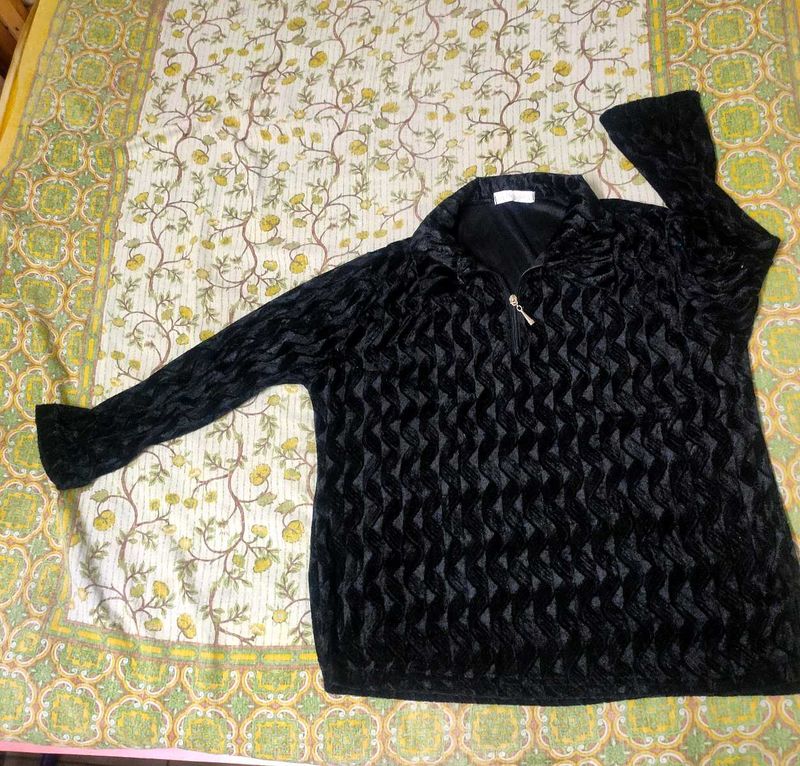 Black Textured Zip-Up Top