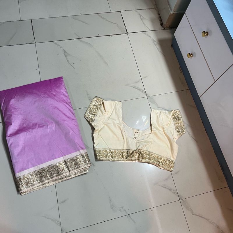 Cream Embroidered Sleeve Blouse and saree