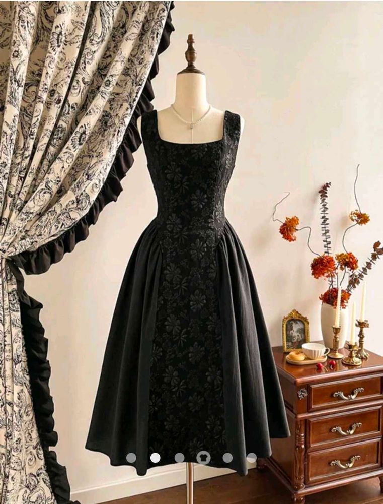 Square Neck Vintage-Style Jacquard A-Line Dress
