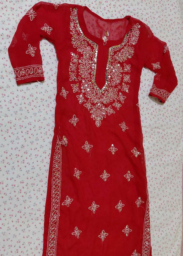 Red Embroidered Kurta
