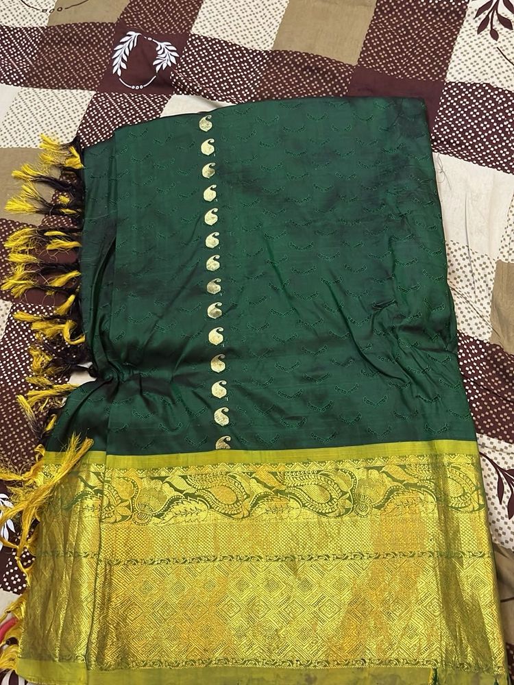 Elegant Green Silk Saree with Gold Border