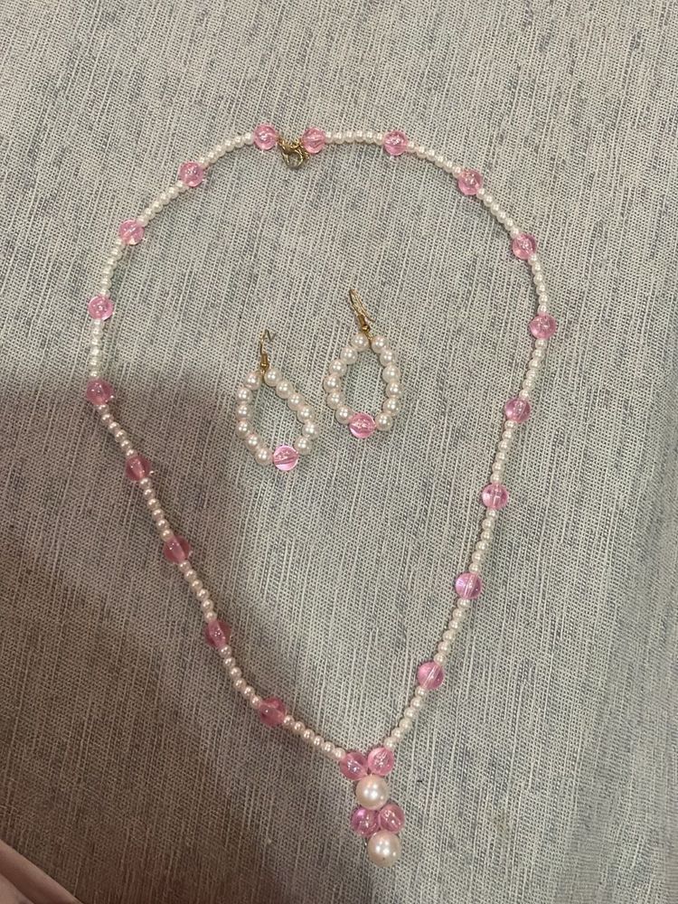 Elegant Pearl &amp; Pink Beaded Necklace and Earring S