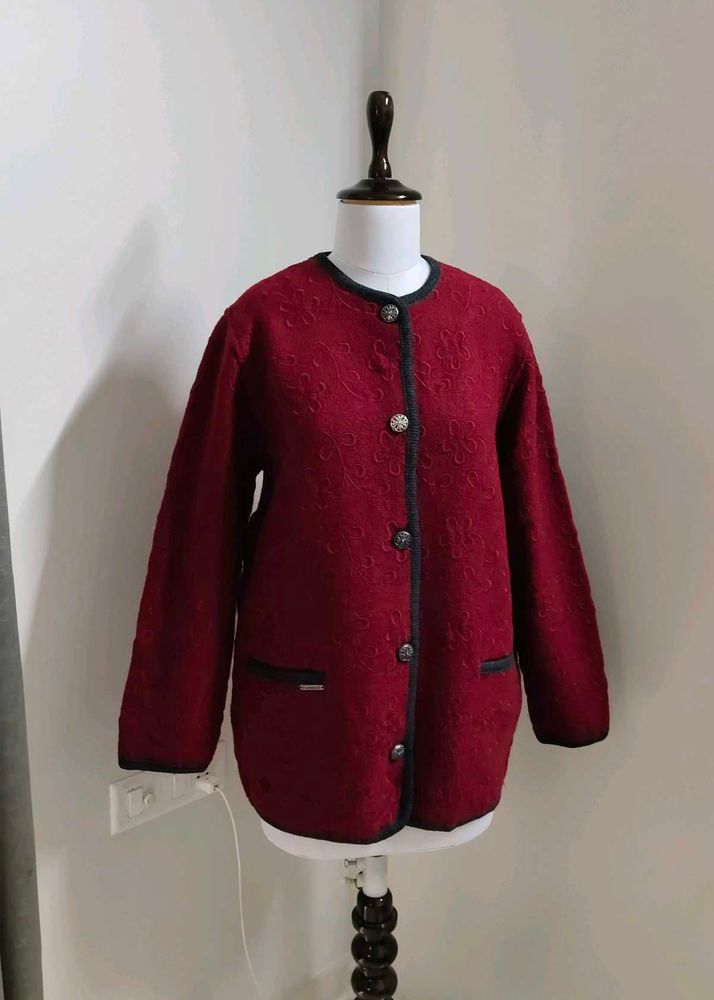 Wine Textured Button-Front Long Jacket