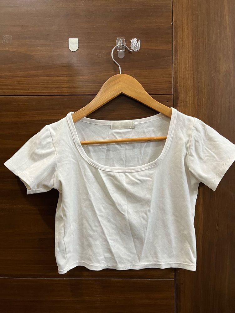 White Cropped Square Neck Top