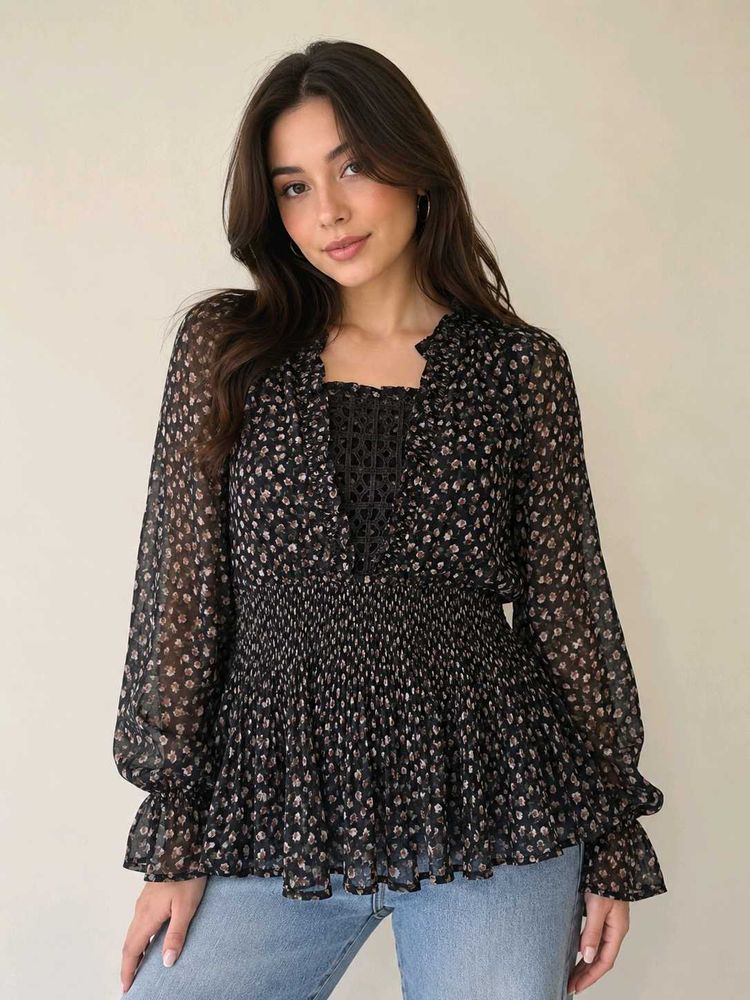 Boho Sheer Chiffon Floral Top with Lace Detail