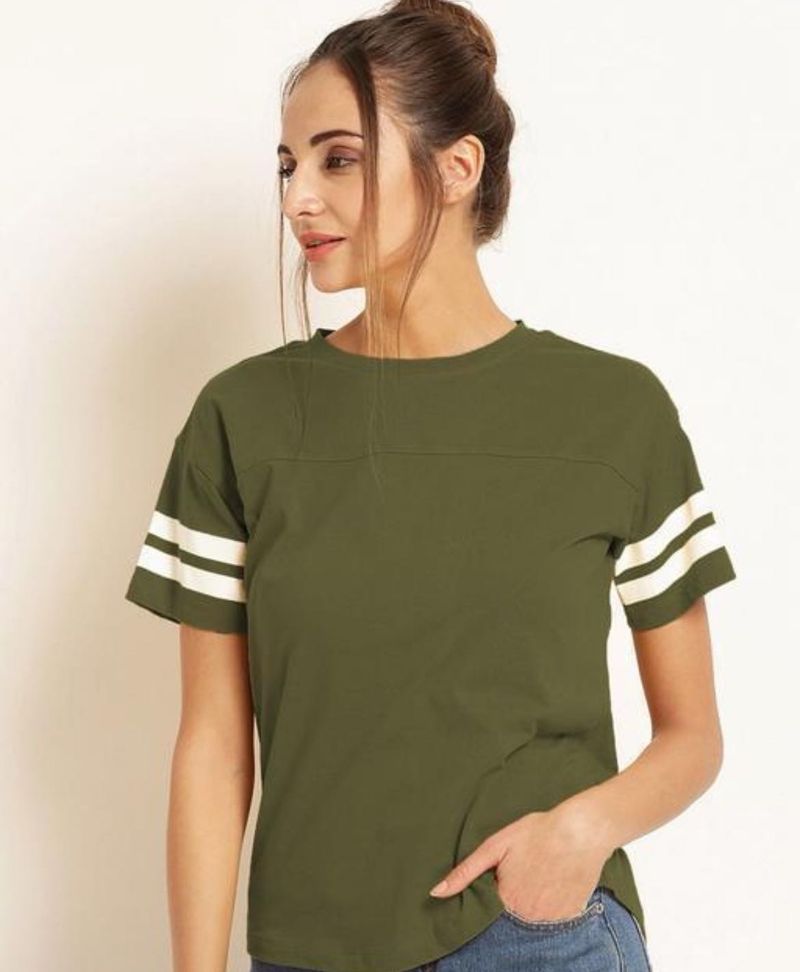 Olive Green Striped Sleeve T-Shirt