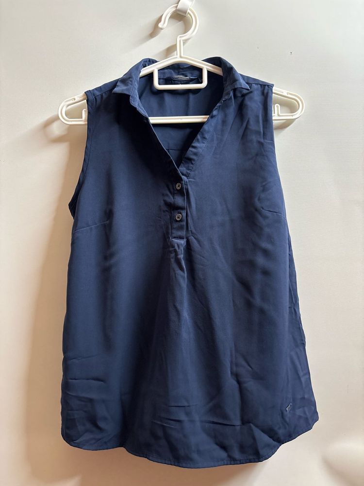 Navy Blue Sleeveless Collared Top