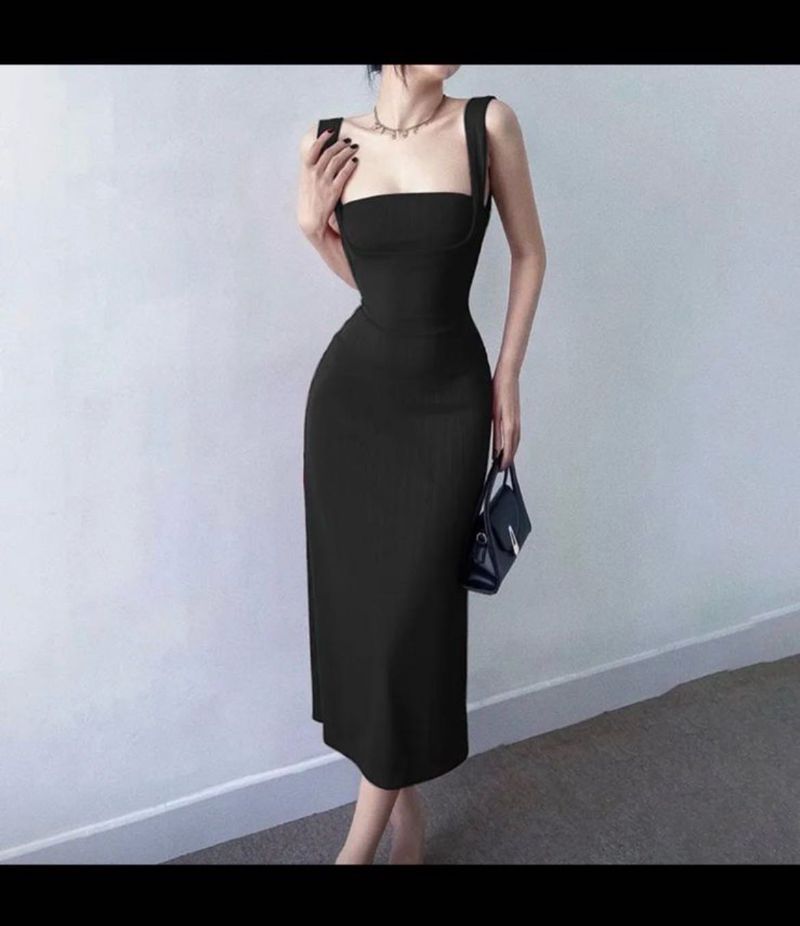 Elegant Black Bodycon Midi Dress