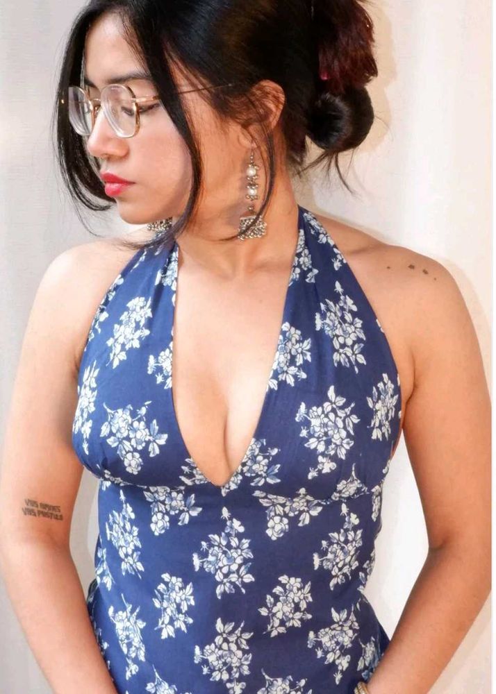 y2k indigo collage reversible GEET halter top