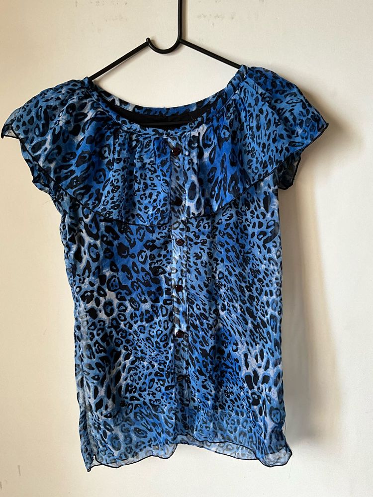 Blue Leopard Print Ruffle Top
