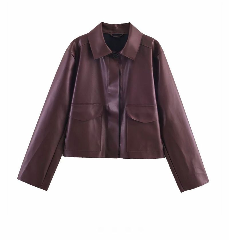 Dark maroon Faux Leather Cropped Jacket