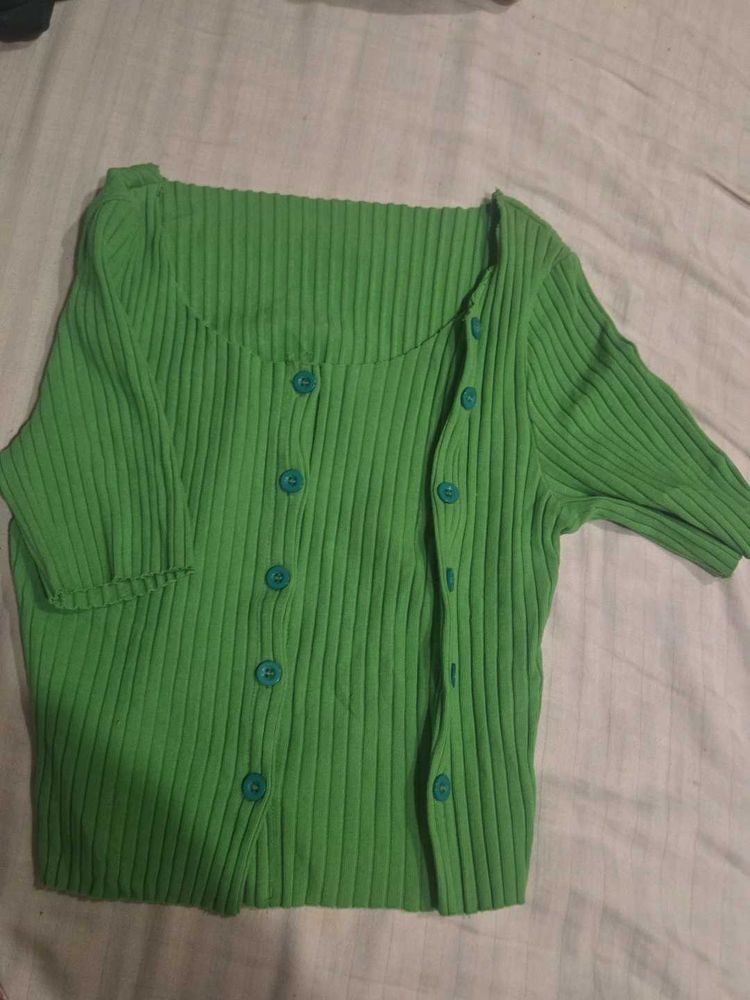 Green Ribbed Button-Up Cardigan Top