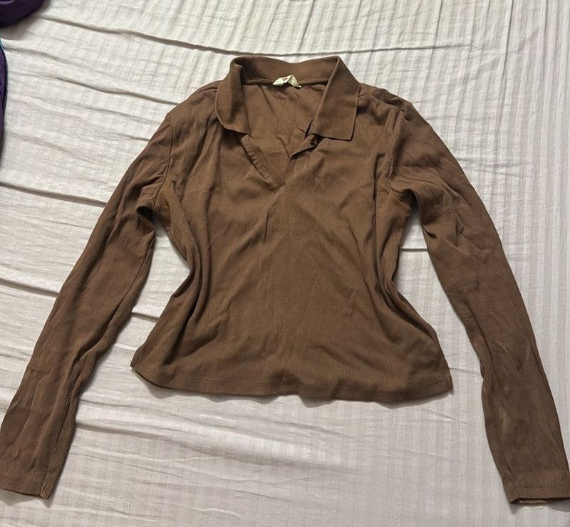 Brown Long Sleeve Collared Top