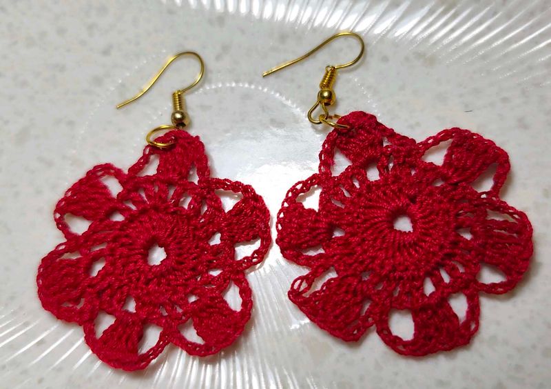 Red Crochet Flower Dangle Earrings