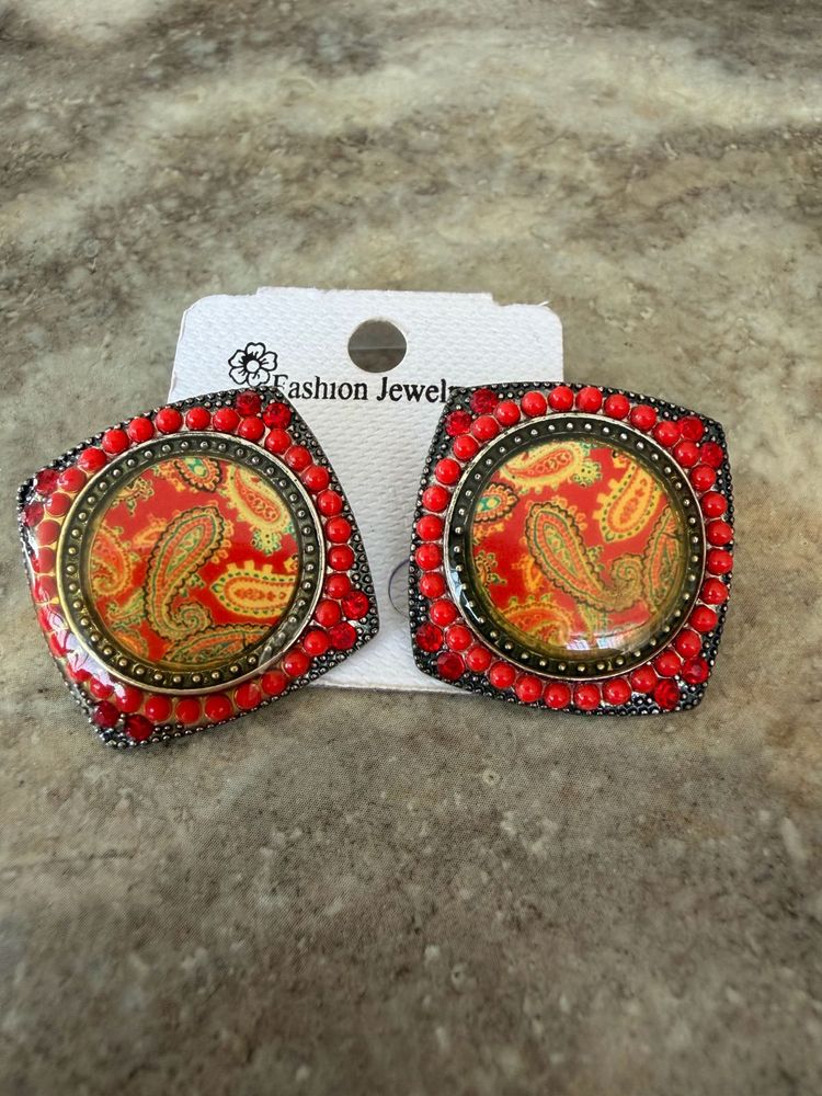 Bohemian Red Paisley Square Earrings