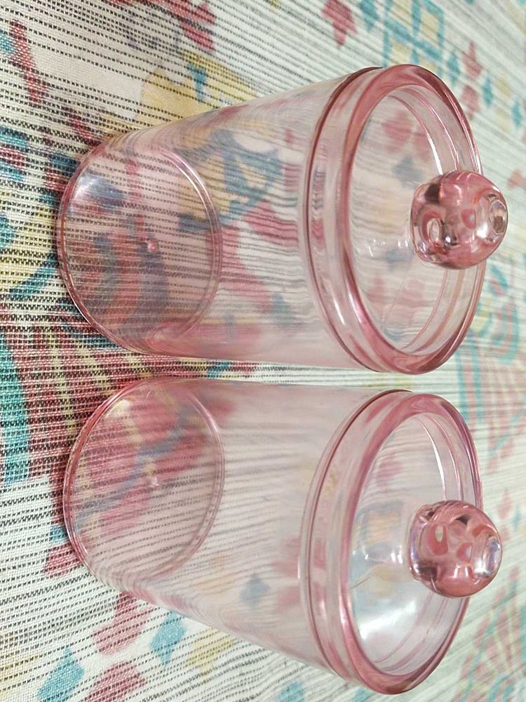 Set of 2 Pink Glass Jars and trinket plate