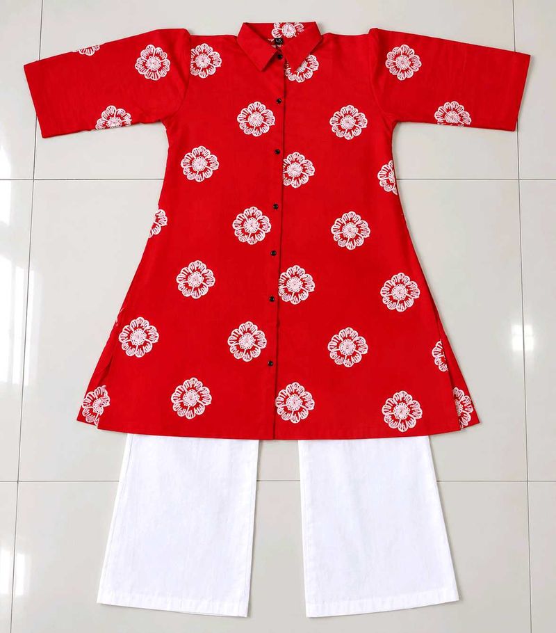 ( New) Red Floral Round Kurta Pair