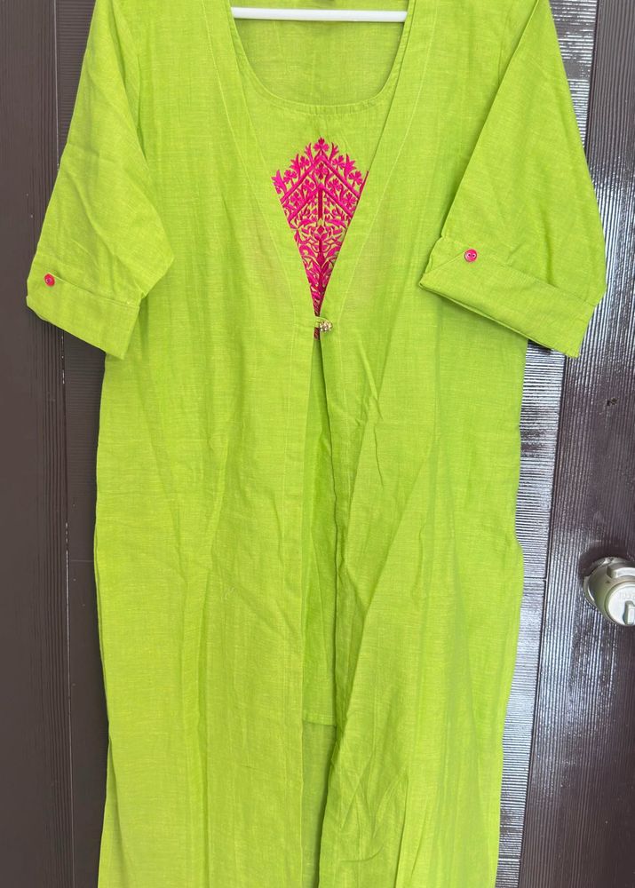 Lime Green Kurta with Pink Embroidery