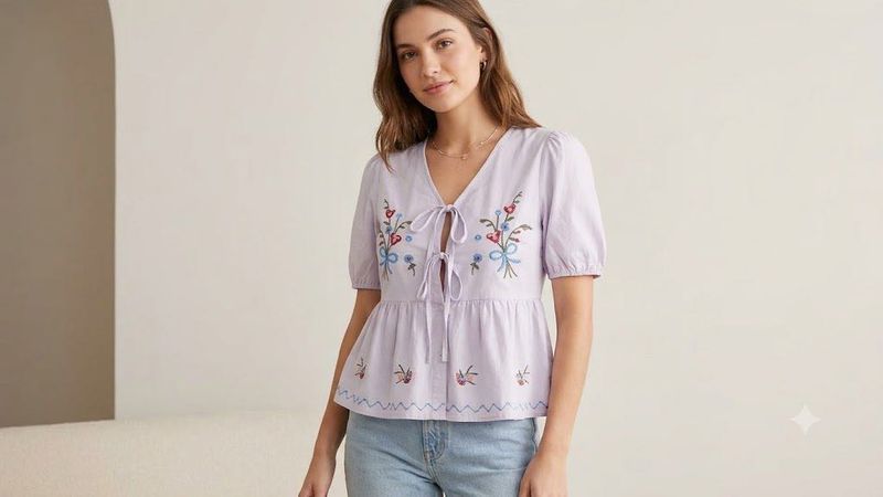 Embroidered light blue Peplum Top