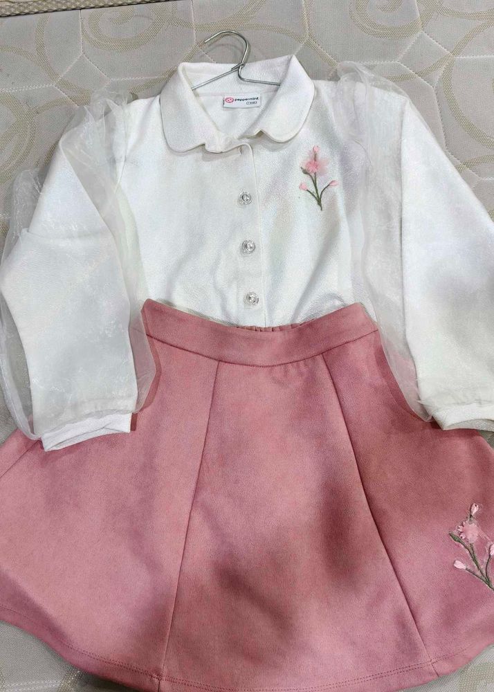 Girls Pink Skirt &amp; White Top Set