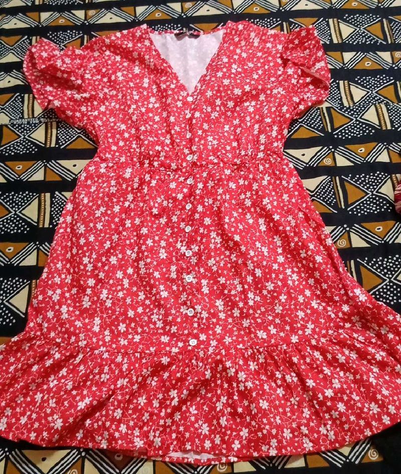 Red Floral Print Button-Up Dress