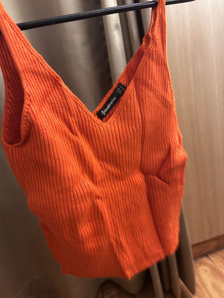 Orange Ribbed V-Neck Tank Top